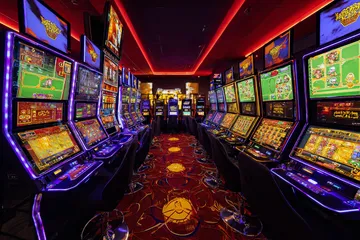A woman smiling by bright slot machines showing lucky symbols, showcasing the exciting slot offerings at 88FD.